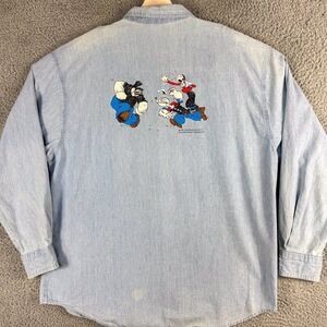 Vtg 1994 Popeye Shirt Mens Large Blue Chambray‎ Olive Oyl Brutus Bluto Comics.